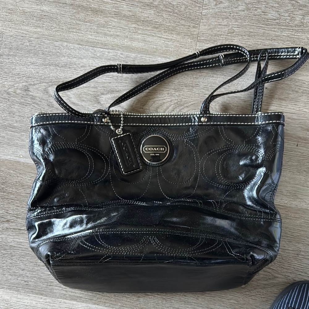 Coach Black Patent Leather Shoulder Bag with Silver Logo